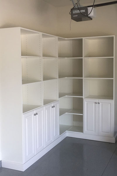 Shelves with lower raised panel doors